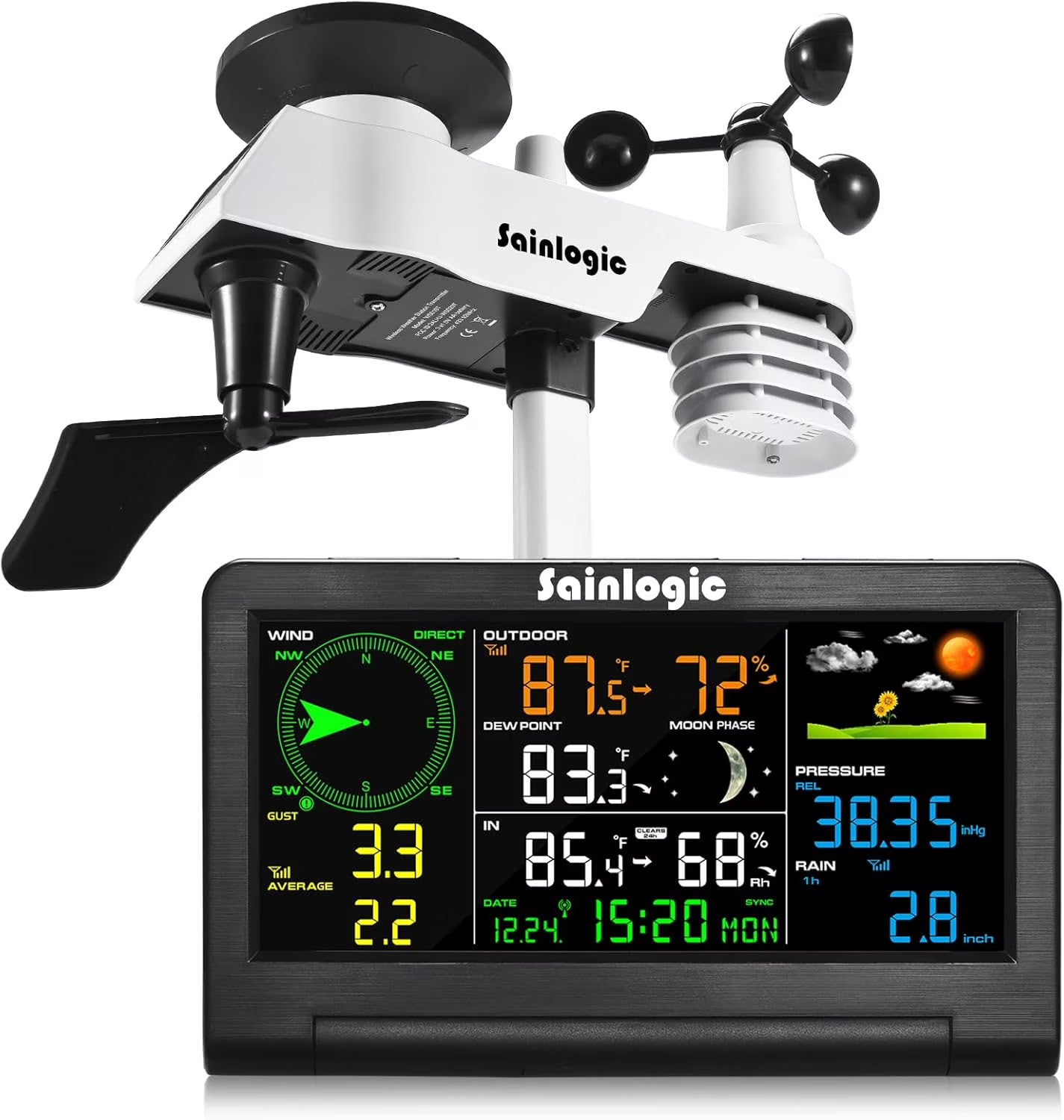 Sainlogic Weather Station Wireless Indoor Outdoor with Color Display,Rain Gauge,Wind Speed/Direction,Temperature,Humidity,Air Pressure,Forecast,Moon Phase,Alarm Clock(No WiFi)