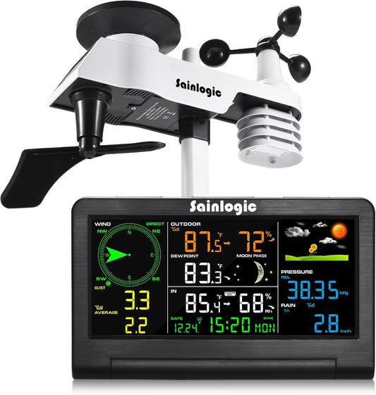 Sainlogic Weather Station Wireless Indoor Outdoor with Color Display,Rain Gauge,Wind Speed/Direction,Temperature,Humidity,Air Pressure,Forecast,Moon Phase,Alarm Clock(No WiFi)