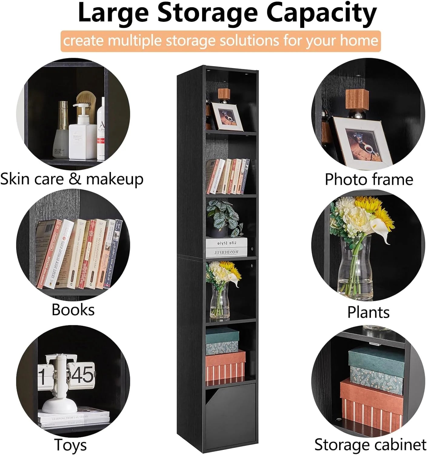 6 Tier Narrow Bookcase with Doors, Cube CD DVD Storage Cabinet,Slim Media Tower Rack,Cabinet,Black Bookcase Display Storage Shelves for Small Spaces,for Home Office Black
