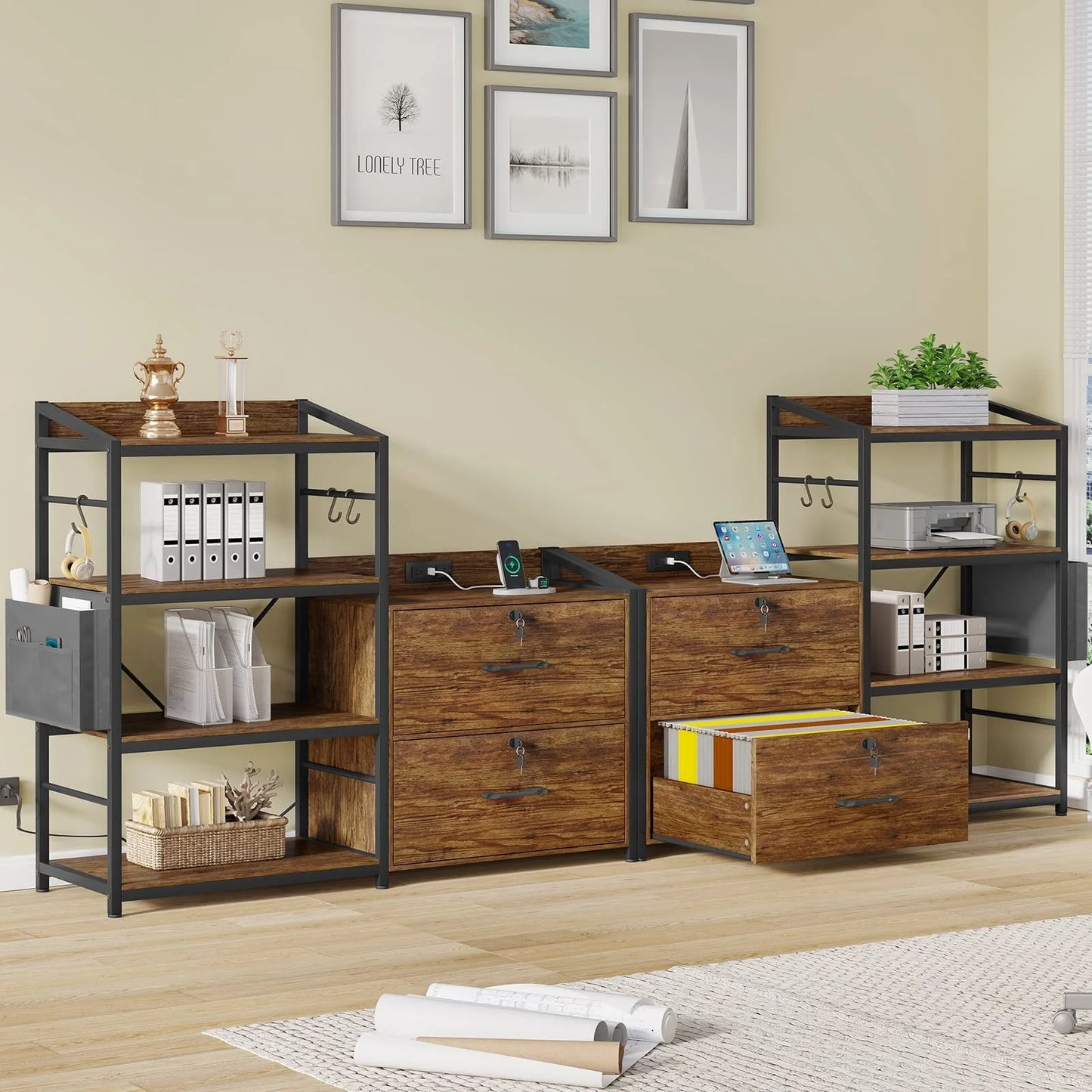 47" File Cabinet with Power Strip&2 Drawers, Lateral Filing Cabinet with Lock& Open Shelf for Home Office, Rustic Brown