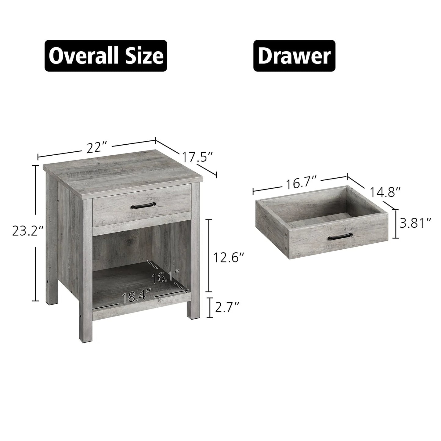 Wooden Nightstand Side Table, Bedside Table End Table for Bedroom Nursery Living Room with Storage Drawer, Rustic Grey