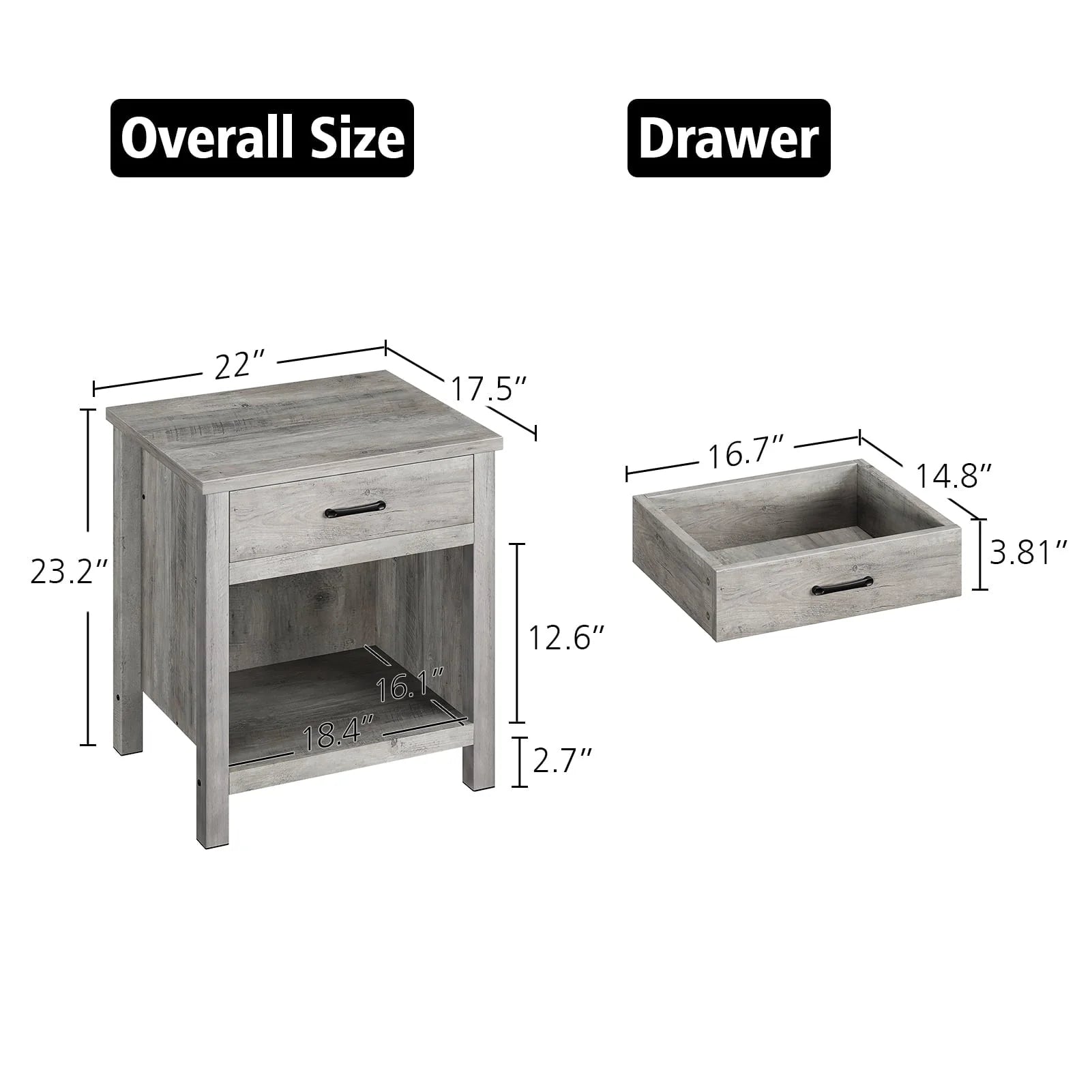 Wooden Nightstand Side Table, Bedside Table End Table for Bedroom Nursery Living Room with Storage Drawer, Rustic Grey