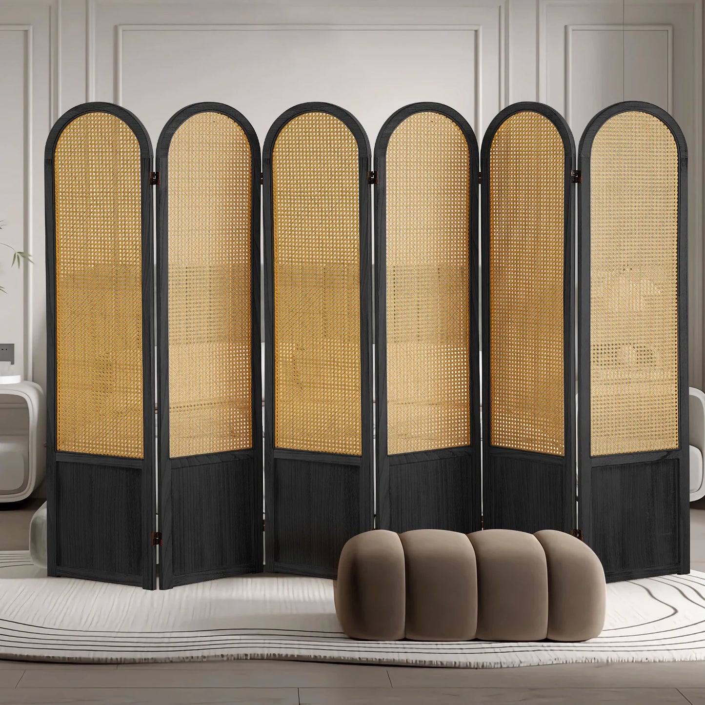 Aletheiawu 6 Panel Rattan Room Divider and Folding Privacy Screens, No Installation Required, Black
