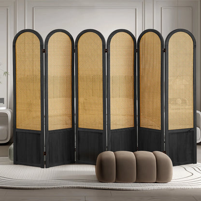 Aletheiawu 6 Panel Rattan Room Divider and Folding Privacy Screens, No Installation Required, Black