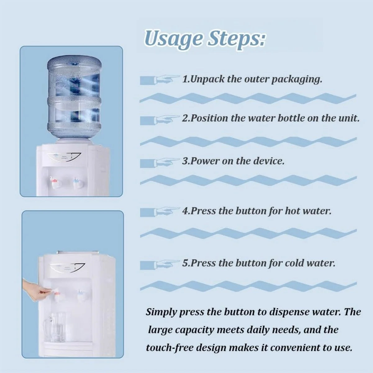 Water Cooler Dispenser, 3 or 5 Gallon Top Loading Hot/Cold Water Cooler Dispenser with Child Safety Lock & Storage Cabinet for Kitchens, Indoor Home Office Use, White