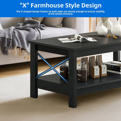 Dextrus Farmhouse Coffee Table with Open Storage Shelf, 2-Tier Thicken Wood Accent Cocktail Center Ends Table for Living Room Home Office, Black