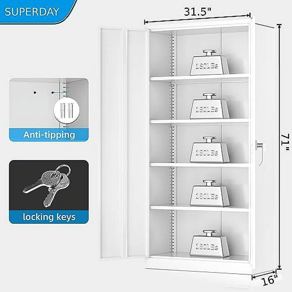 Superday Metal Storage Cabinets, 71" Storage Cabinet with Locking Door, Tall Garage Cabinet with 2 Doors and 4 Adjustable Shelves for Home Office, Classroom, Easy Assemble(White Grey)