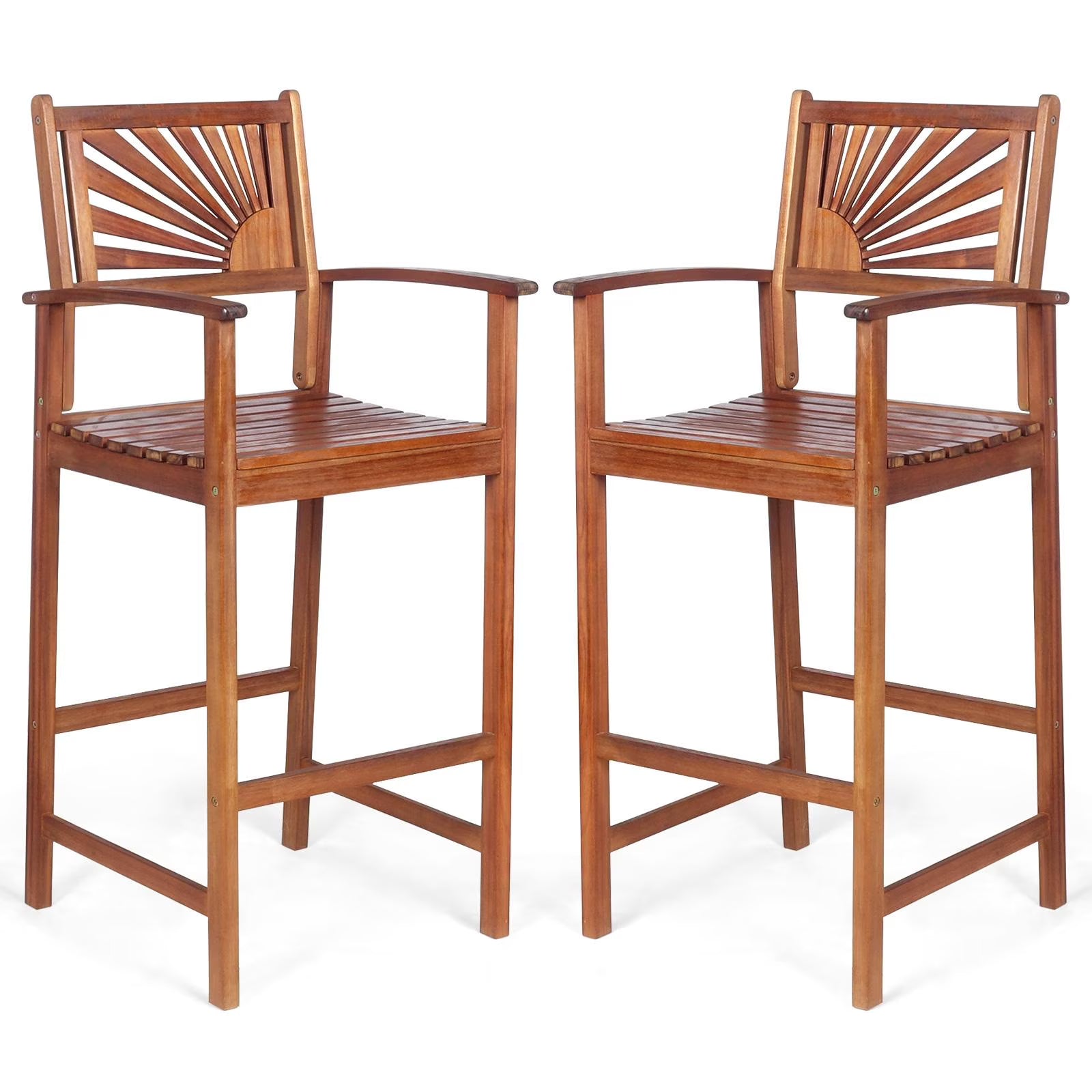Giantex Patio Bar Stools Set of 4, Outdoor Acacia Wood Bar Chairs with Sunflower Backrest, Curved Armrests & Breathable Seat, Ideal for Balcony, Sunroom, Patio, Easy Assembly