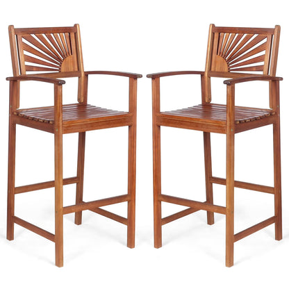 Giantex Patio Bar Stools Set of 4, Outdoor Acacia Wood Bar Chairs with Sunflower Backrest, Curved Armrests & Breathable Seat, Ideal for Balcony, Sunroom, Patio, Easy Assembly