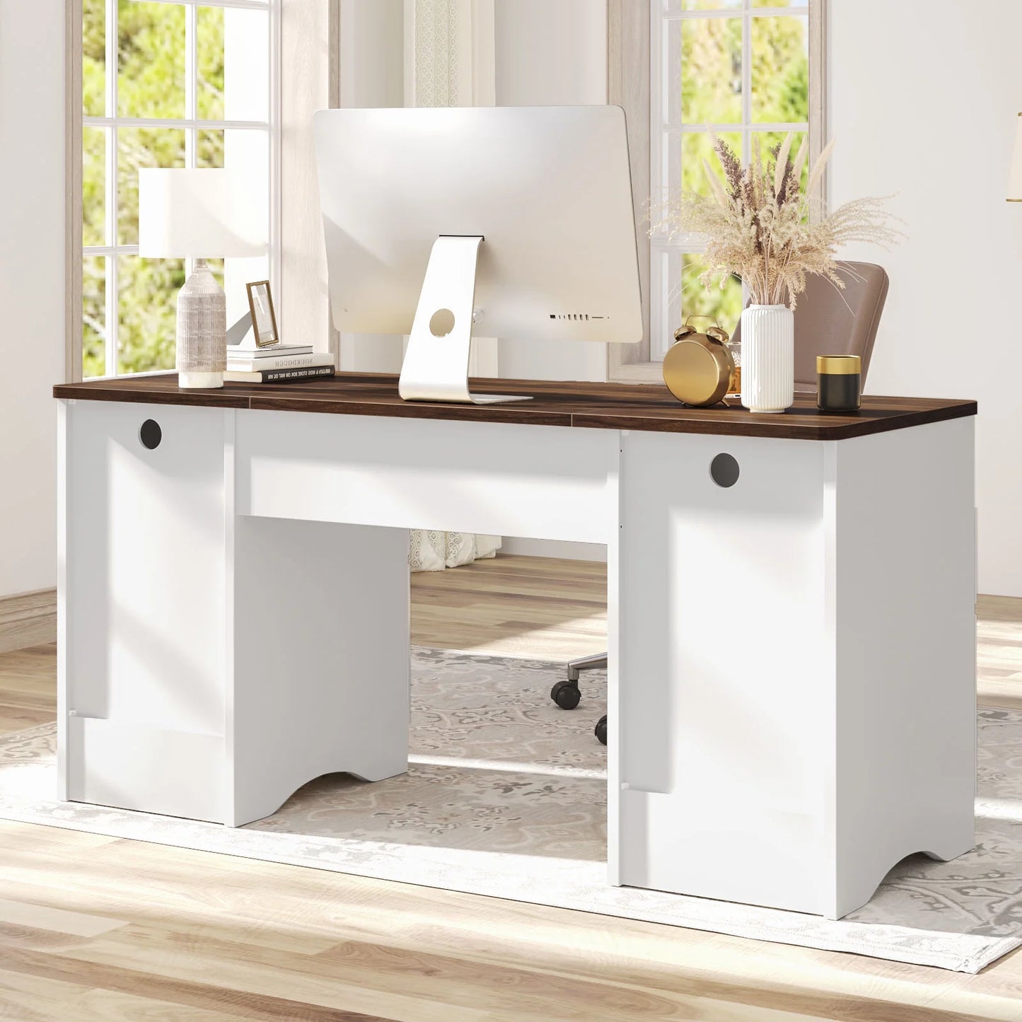 Bestier 59" Computer Home Office PC Desk with Keyboard Tray and Storage Drawers, Walnut and White