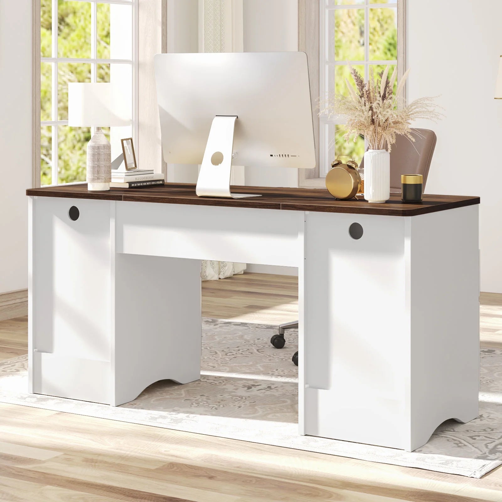 Bestier 59" Computer Home Office PC Desk with Keyboard Tray and Storage Drawers, Walnut and White