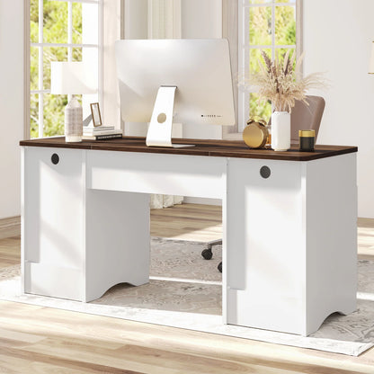 Bestier 59" Computer Home Office PC Desk with Keyboard Tray and Storage Drawers, Walnut and White