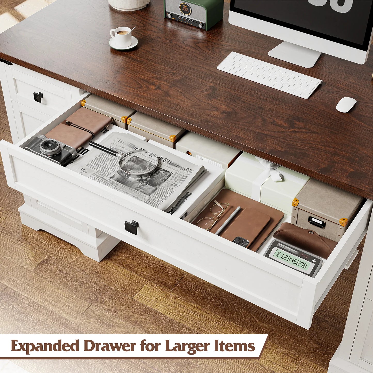 EnHomee Farmhouse Desk with Drawers, Wood Home Office Desk with Charging Station, Antique White