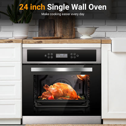 Sunmaki Single Wall Oven 24 Inch Electric Built-in Convection Oven 2.5 Cu.Ft 240V LED Digital Display Touch Control Timer Alarm Clock Child Lock for Kitchen, 2800W