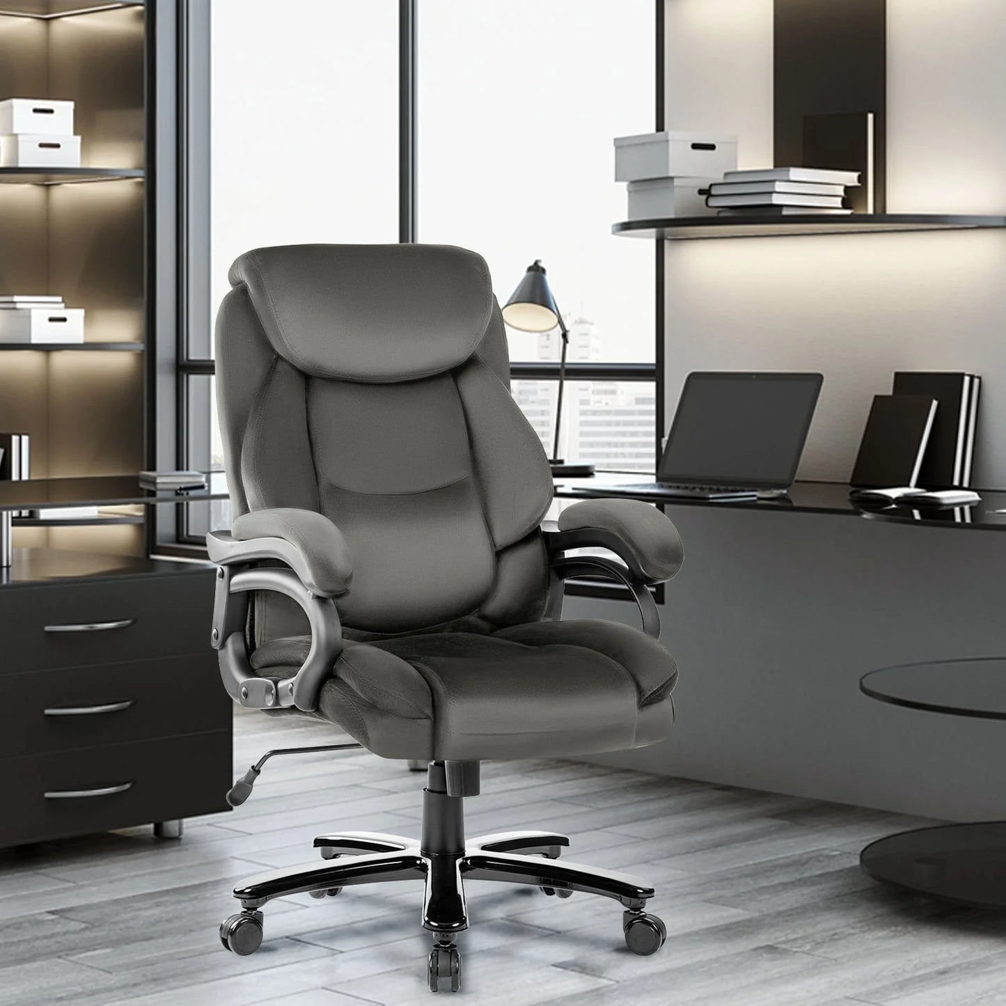 JONPONY Home Office Chair, Big and Tall Chair 8 Hours Heavy Duty Design, Ergonomic High Back Cushion Lumbar Back Support, Computer Desk Chair, Adjustable Executive Leather Chair with Arms,Grey