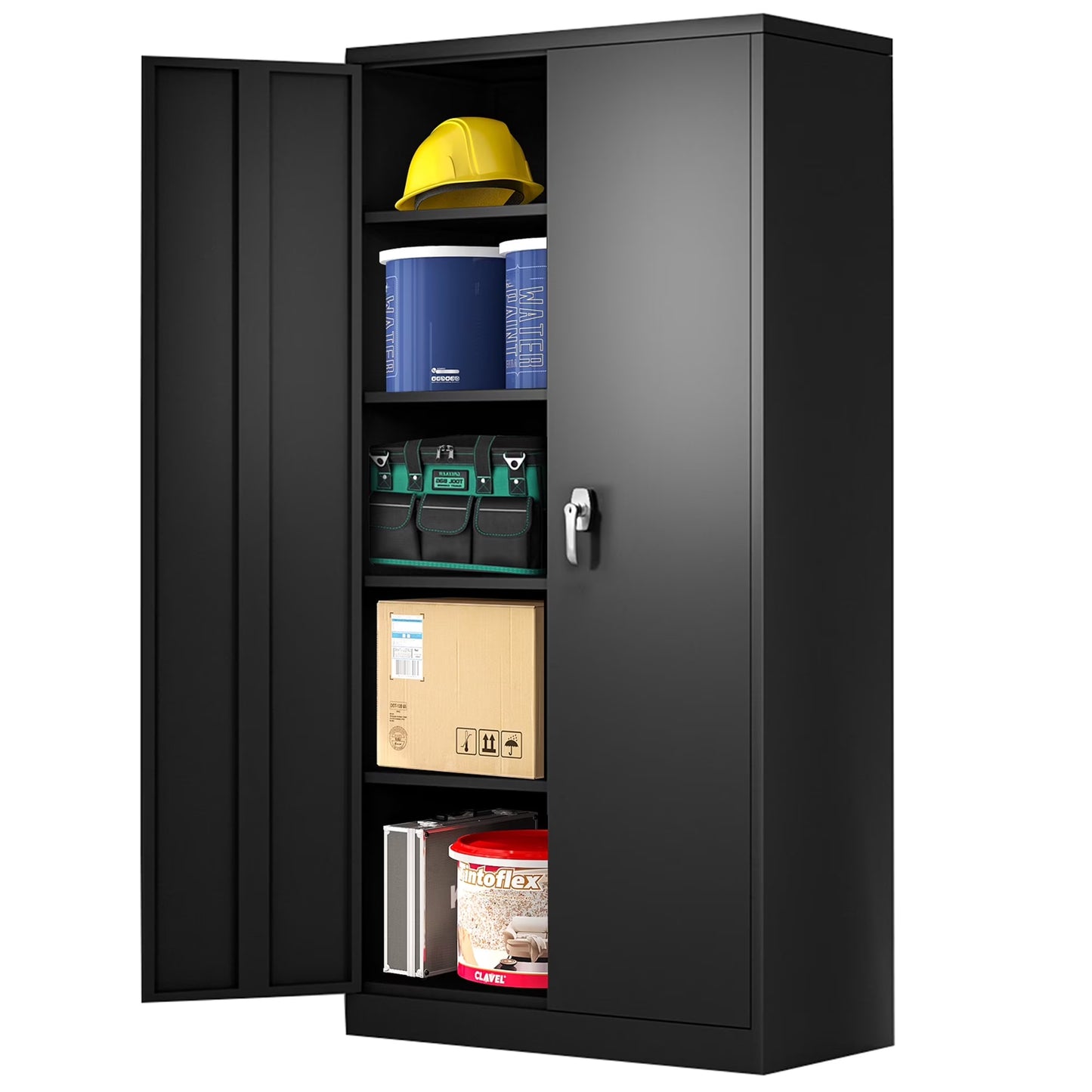 Aobabo 71.41''H Metal Garage Storage Cabinet with Lockable Doors and Hanging Rod,Broom Closet Storage Cabinet with Pegboard and Adjustable Shelves for Home Office School,Required Assembly,Black