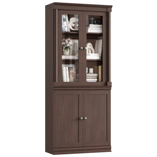 Homfa 71"H Bookcase with Glass Doors, 5 Tier Storage Bookshelf with Adjustable Shelf for Study Home Office,Reddish-Brown