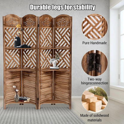 Wooden Room Divider Wall 4 Panel with Holes,5.6FT Tall Room Divider with Shelves,Folding Privacy Screens 67 in for Room Separation Home Office Bedroom