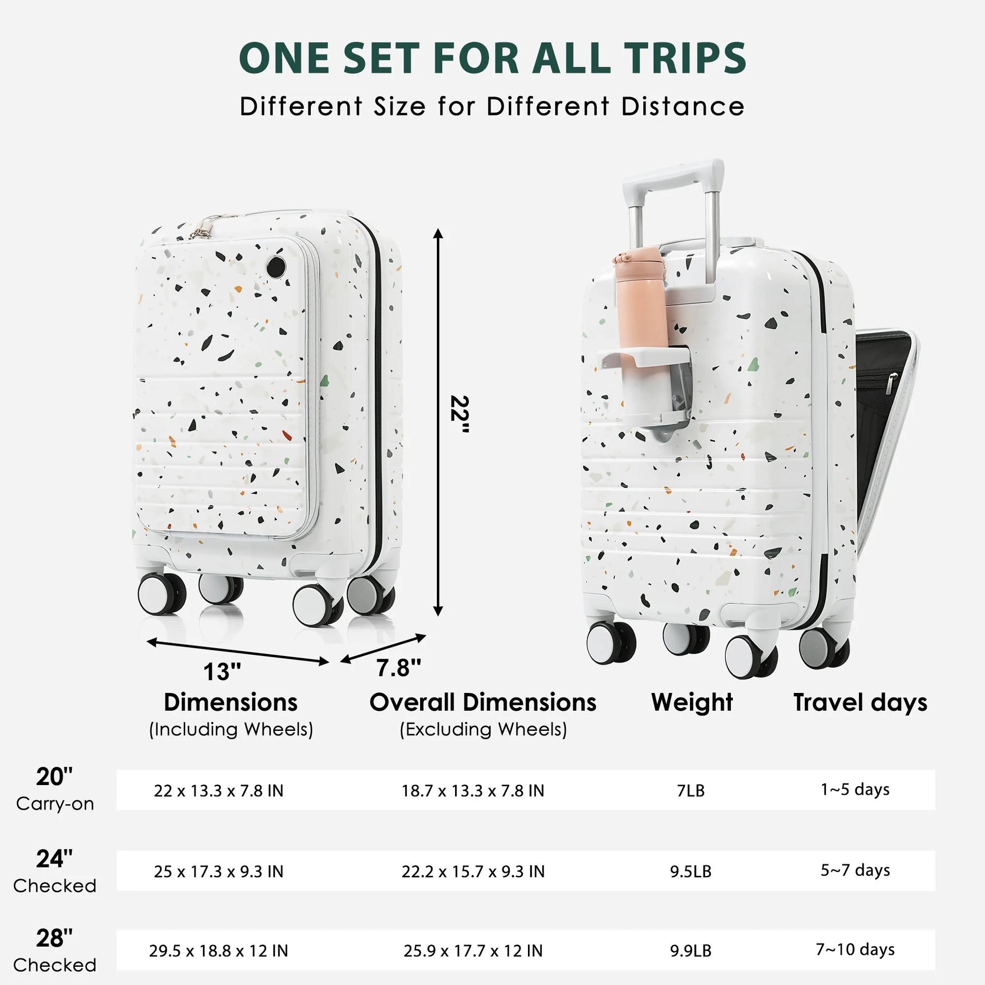 Euroco 3 Piece Luggage Sets, Hardshell Suitcase Set with Front-Opening,USB Port ,Cup Holder and Spinner Wheels,Lightweight Travel Luggage Set(20"/24"/28"),Ivory