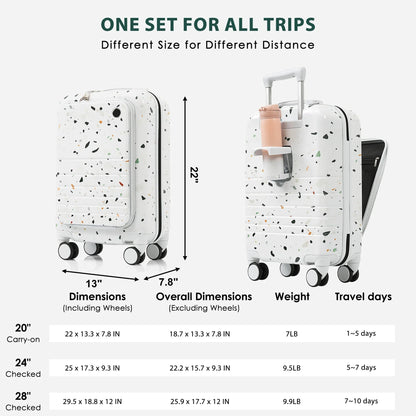 Euroco 3 Piece Luggage Sets, Hardshell Suitcase Set with Front-Opening,USB Port ,Cup Holder and Spinner Wheels,Lightweight Travel Luggage Set(20"/24"/28"),Ivory