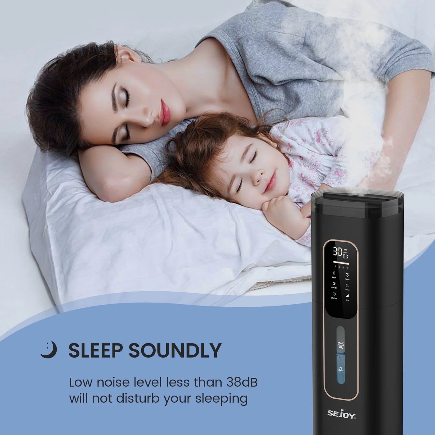 Sejoy Humidifiers for Bedroom Large Room Home.1GAL/8L Top Fill Floor Ultrasonic Humidifiers with 3 Mist Speed,Remote,Quiet Humidification for Plants and Baby Infant,Black