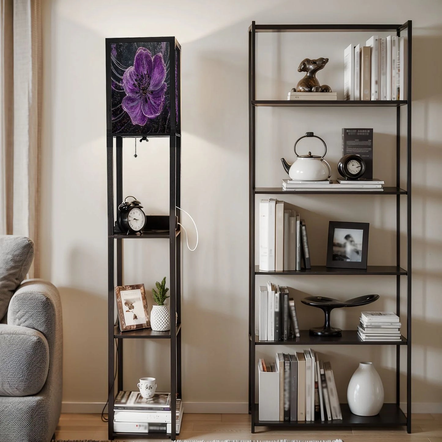 Floor Lamp with Shelves Corner Display Bookshelf Lamp for Living Room and Bedroom Purple Purple Wall Decor Purple Flower LED Modern Shelf Floor Lamp 3 Color Temperature