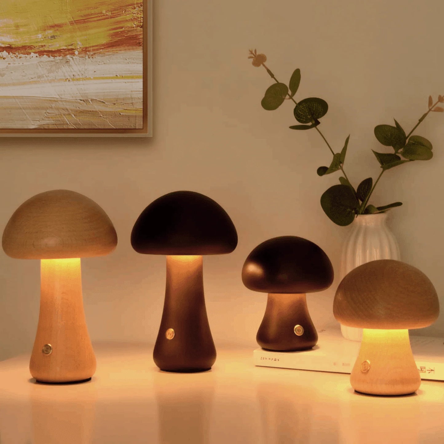 Mushroom Table Lamp, Dimmable LED Creative Wood Desk Lamp with USB Charging for Home Decor