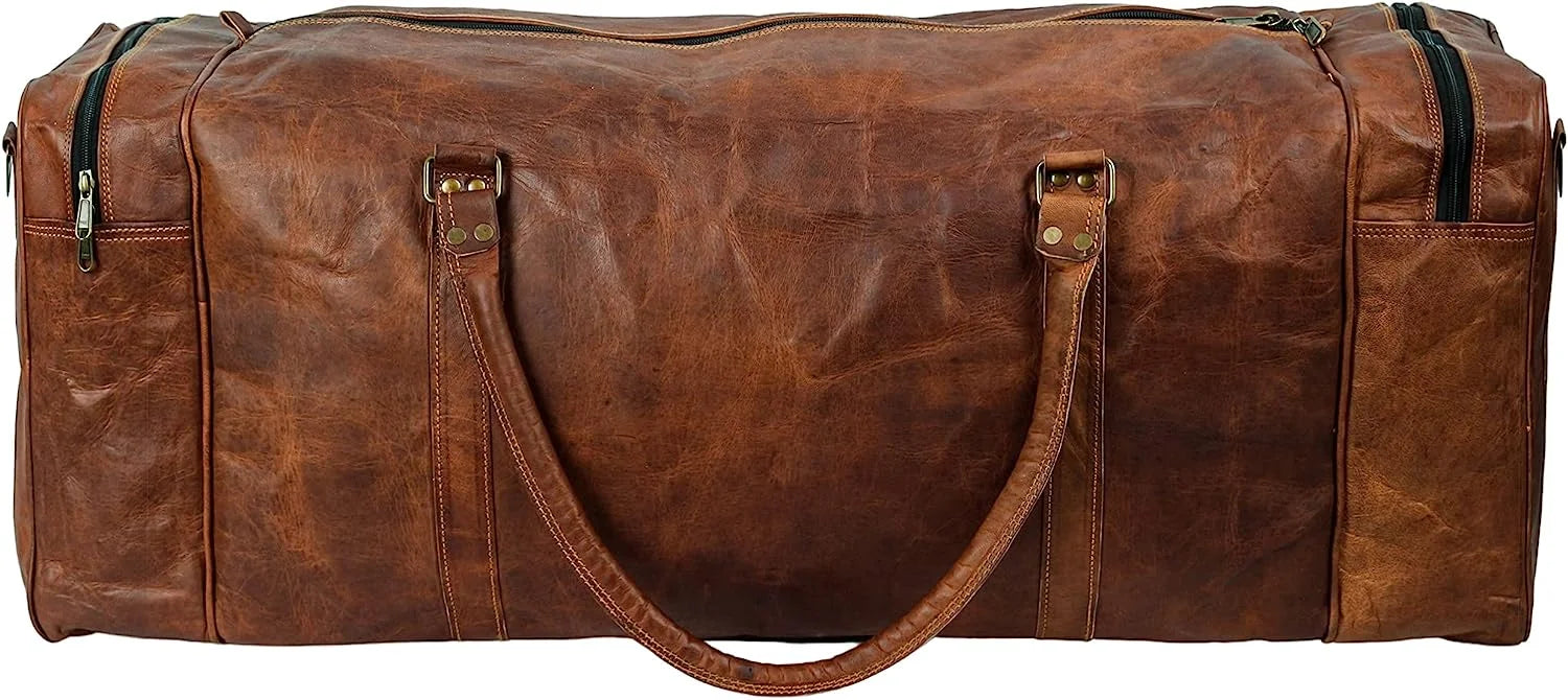 Leather Duffel Weekender Bags Inner Canvas Bag Overnight Travel Carry On Tote Bag Satchel with Adjustable Luggage Strap Sleeve for men & women