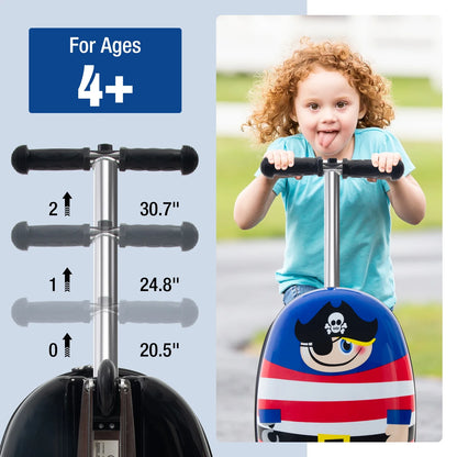 Kids Luggage Scooter, 3-Level Height Adjustable, Pirate Theme Foldable Carry-On Suitcase, Lightweight Ride-On Scooter