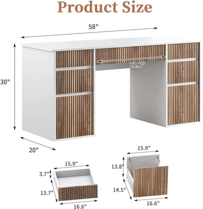 DreamCurship 58 Inch White Executive Desk, White Computer Desk with 7 Drawers, Home Office Desk for Work and Study, White and Walnut