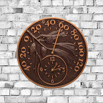 Whitehall Pinecone Thermometer & Clock, Antique Copper, 14"