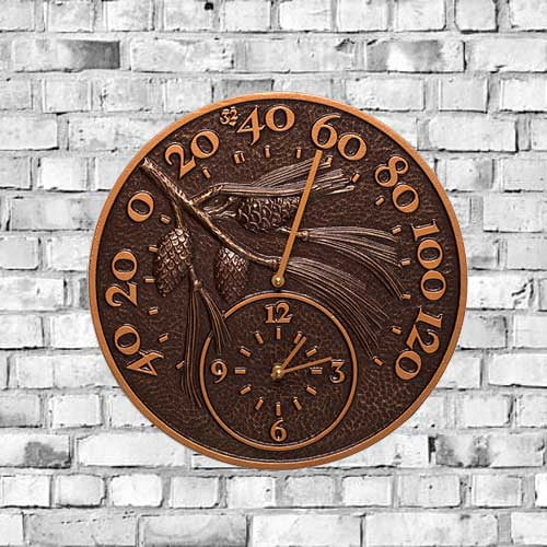 Whitehall Pinecone Thermometer & Clock, Antique Copper, 14"