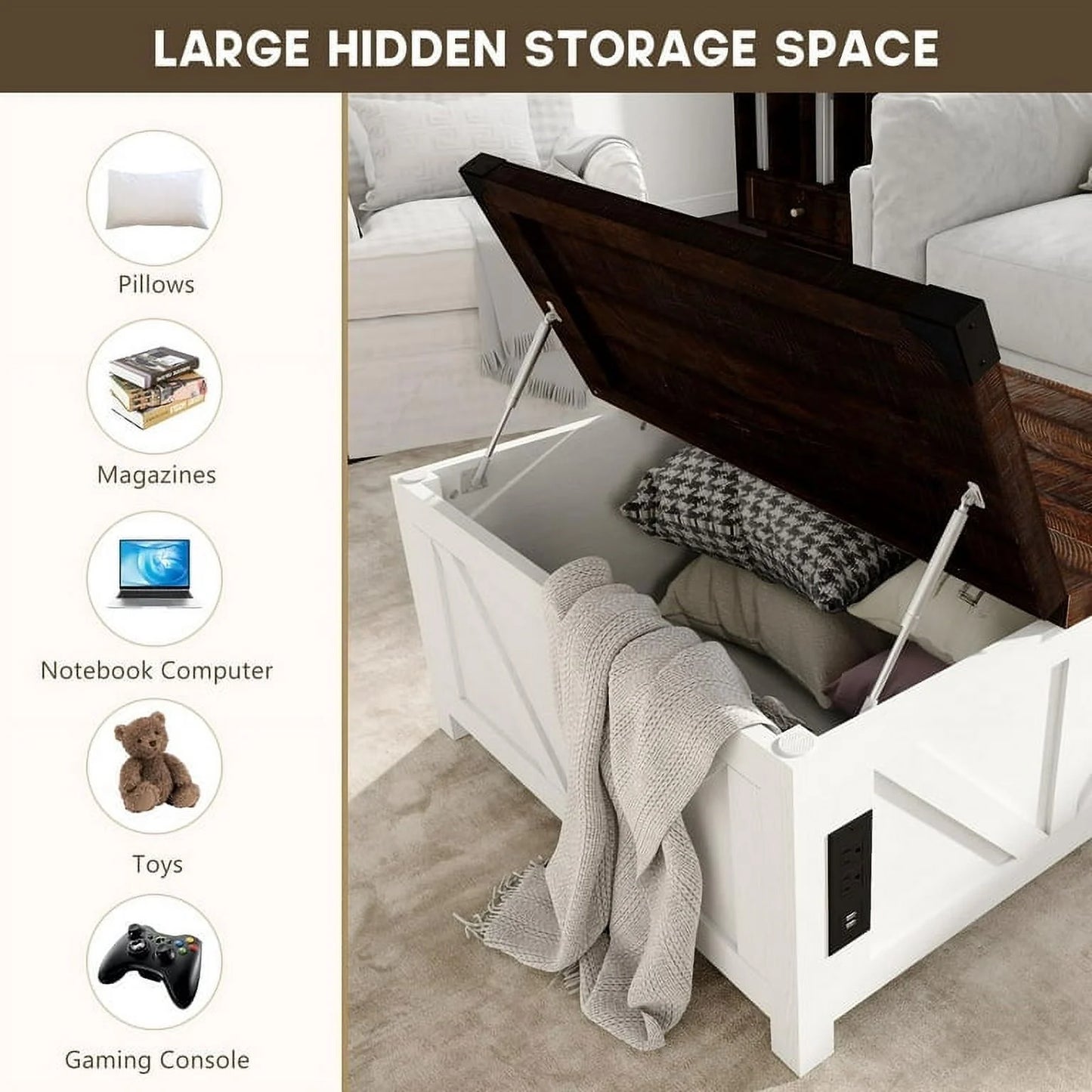 ChVans 35.6" Square Lift Top Coffee Table, Farmhouse Coffee Table with Storage & Charging Ports, Wood Center Table w/Large Hidden Space for Living Room Home Office