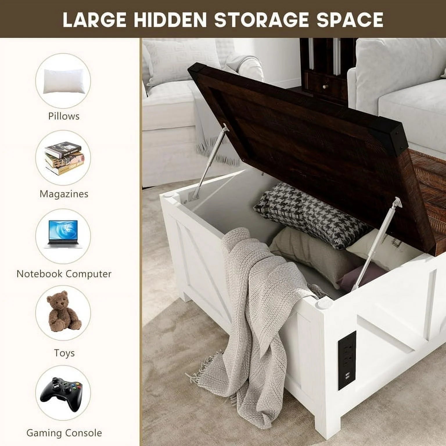 ChVans 35.6" Square Lift Top Coffee Table, Farmhouse Coffee Table with Storage & Charging Ports, Wood Center Table w/Large Hidden Space for Living Room Home Office