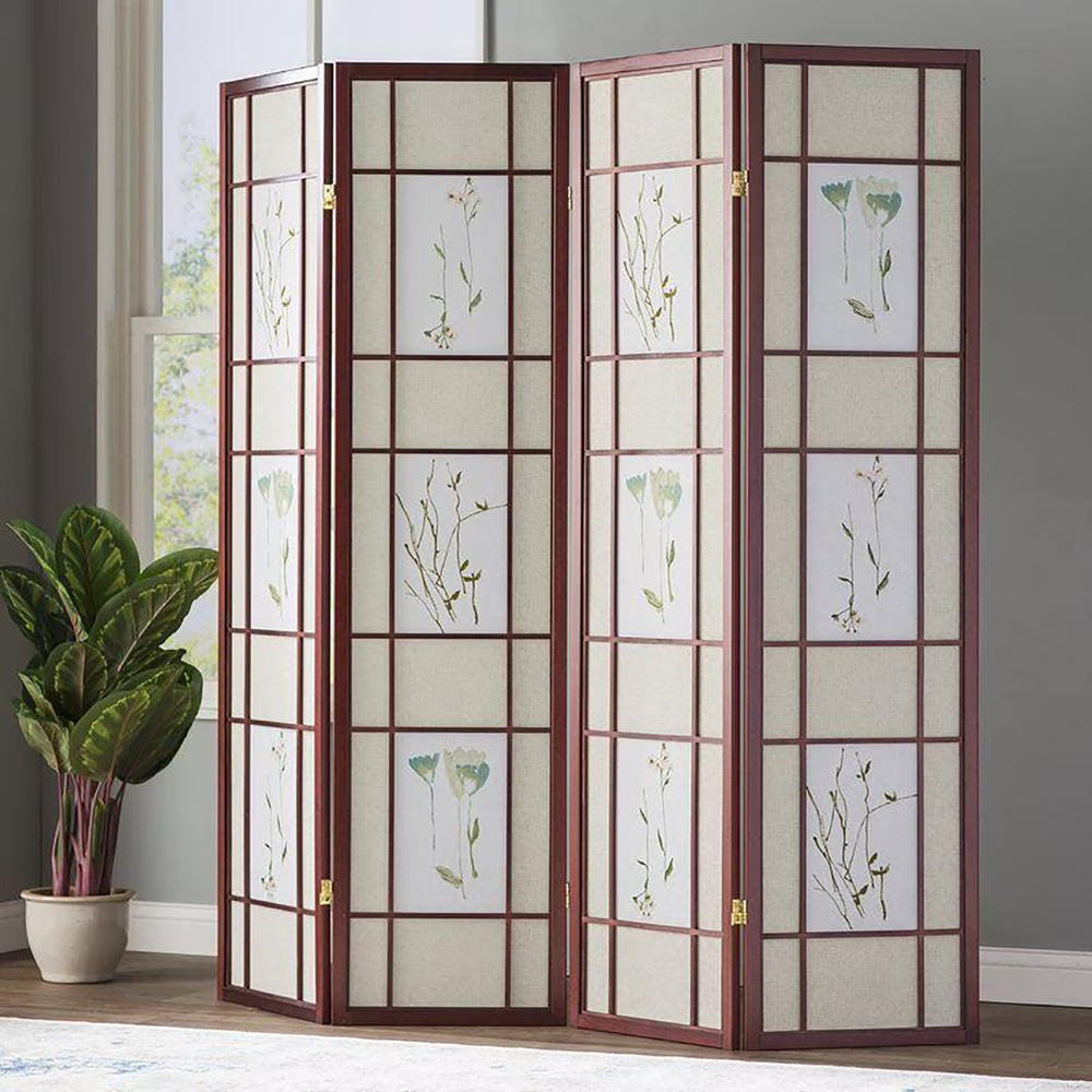 4 Panel Floral Shoji Screen, Room Divider