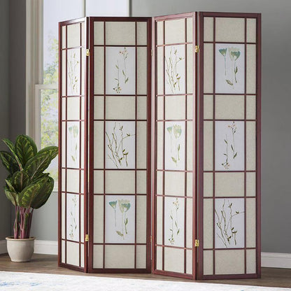 4 Panel Floral Shoji Screen, Room Divider