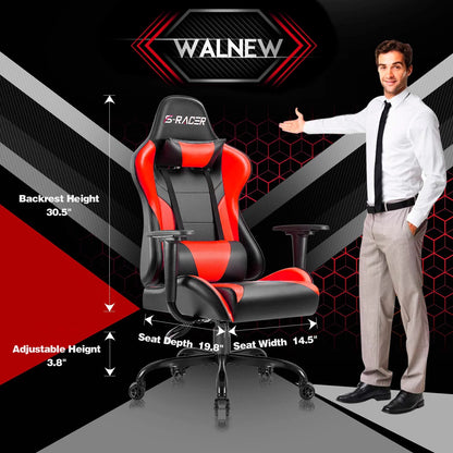 Lacoo Gaming Chair in Home Office PU Leather Reclining Gaming Chair Adjustable Adjustable Headrest and Lumbar Pillow, Red