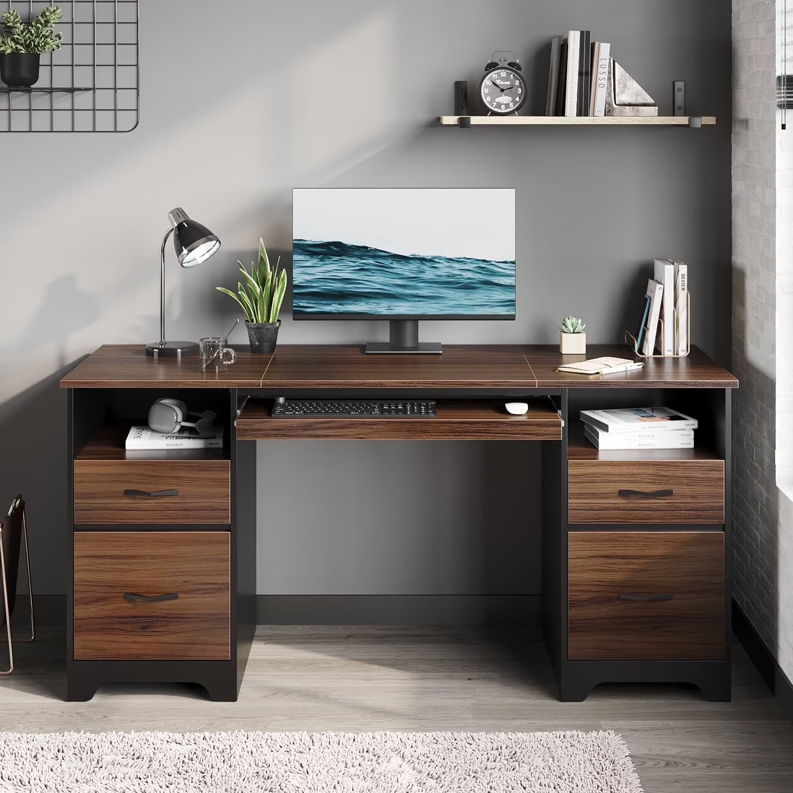 Bestier 59° Computer Desk with 4 Drawers, Office Executive Desk with File Drawer, Keyboard Tray for Home Office, Gray
