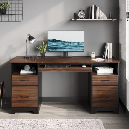 Bestier 59° Computer Desk with 4 Drawers, Office Executive Desk with File Drawer, Keyboard Tray for Home Office, Gray
