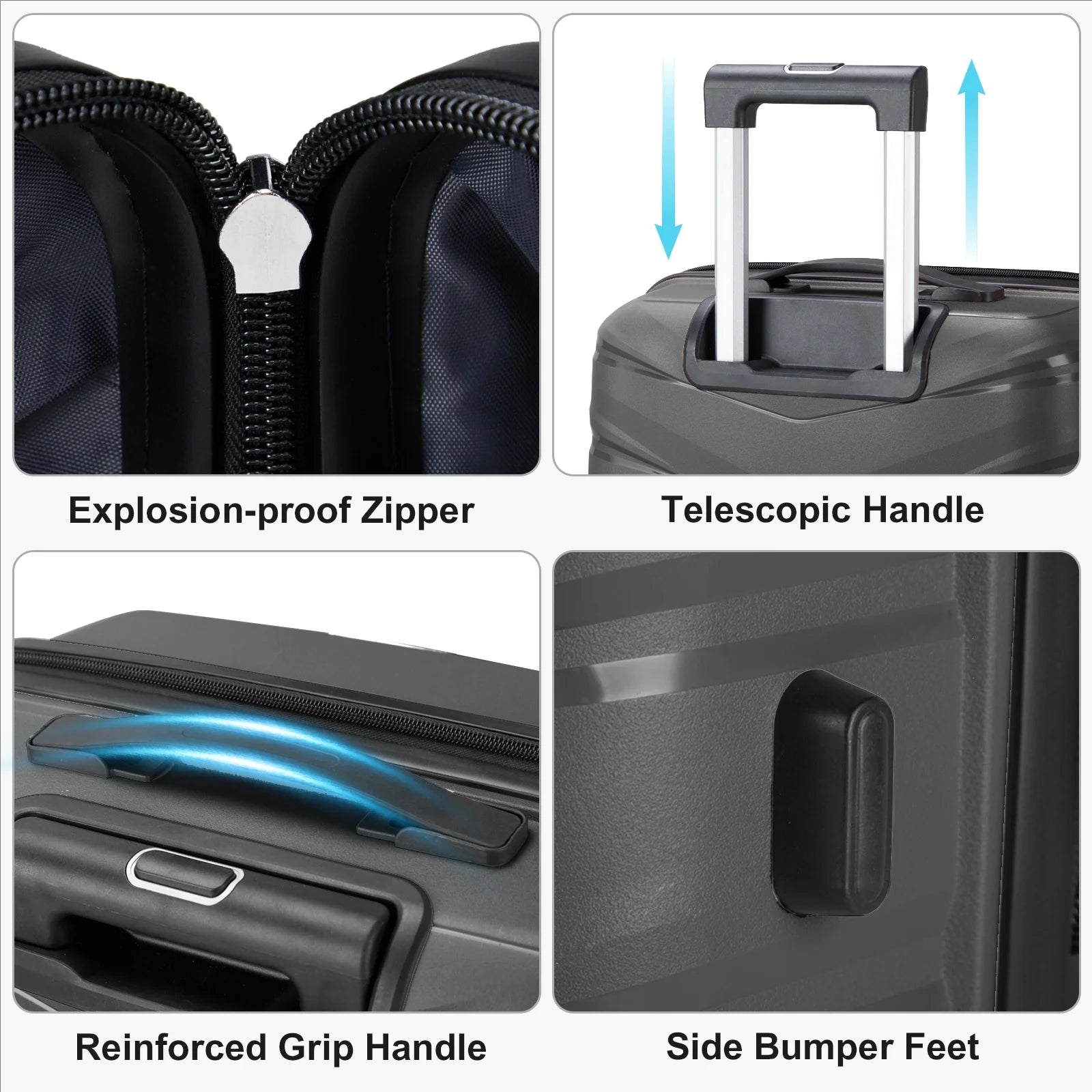 Zimtown 3 Piece Suitcases, PP Hard Shell Suitcase 20" 24" 28" Luggage Sets Double Wheels with TSA Lock, Dark Gray