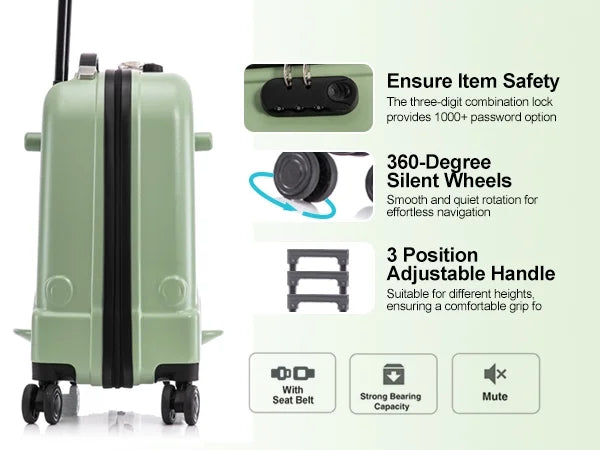 Apelila 22 inch Ride on Suitcase for Kids Travel Luggage Trolley Suitcase with Spinner Wheels Travel Suitcase for Child with Combination Lock/Safety Belt/Telescoping Handle