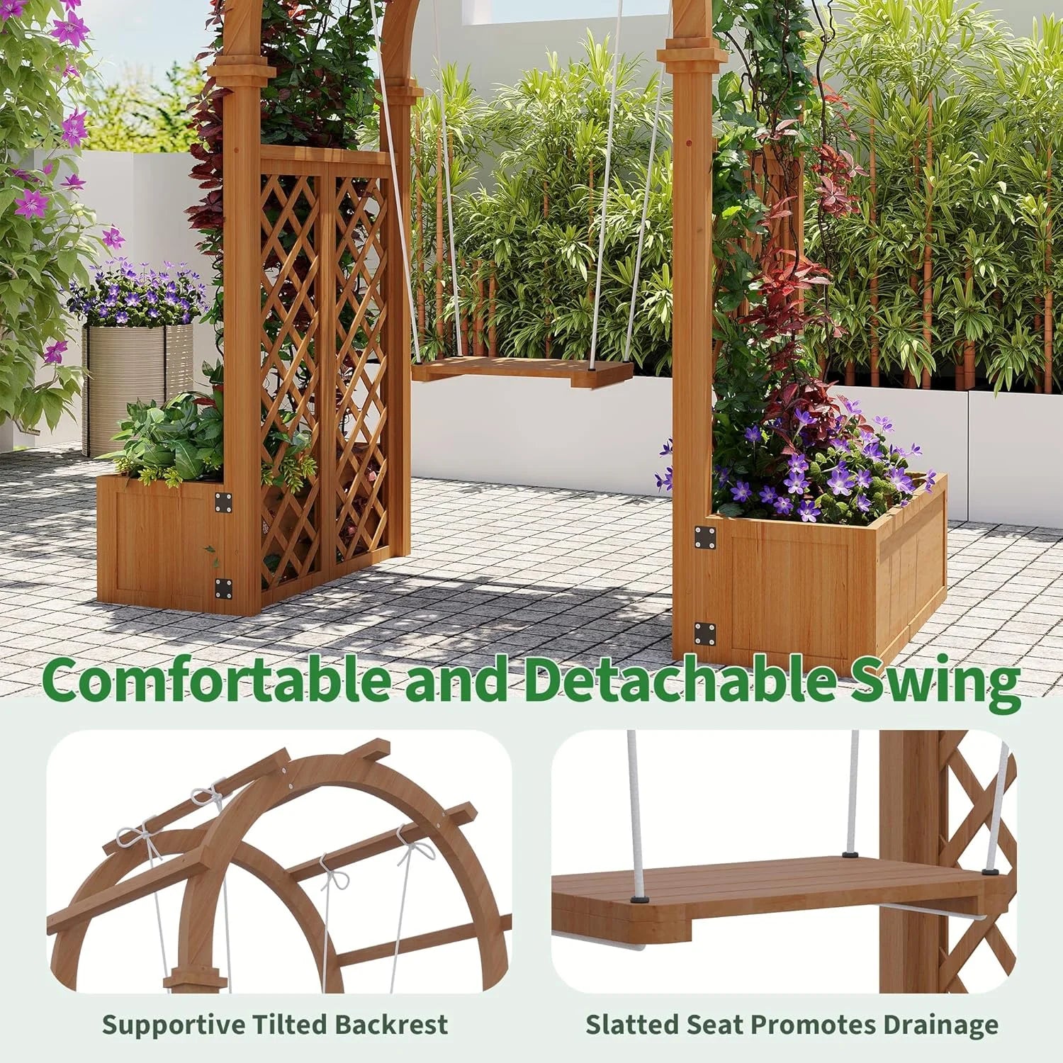 Wooden Garden Arbor with Planter& Swing,Outdoor Arbor Trellis for Climbing Plants, Roses, Vines, Outside Pergola Planter, Garden Arch for Lawn Backyard Wedding Ceremony Bridal Party