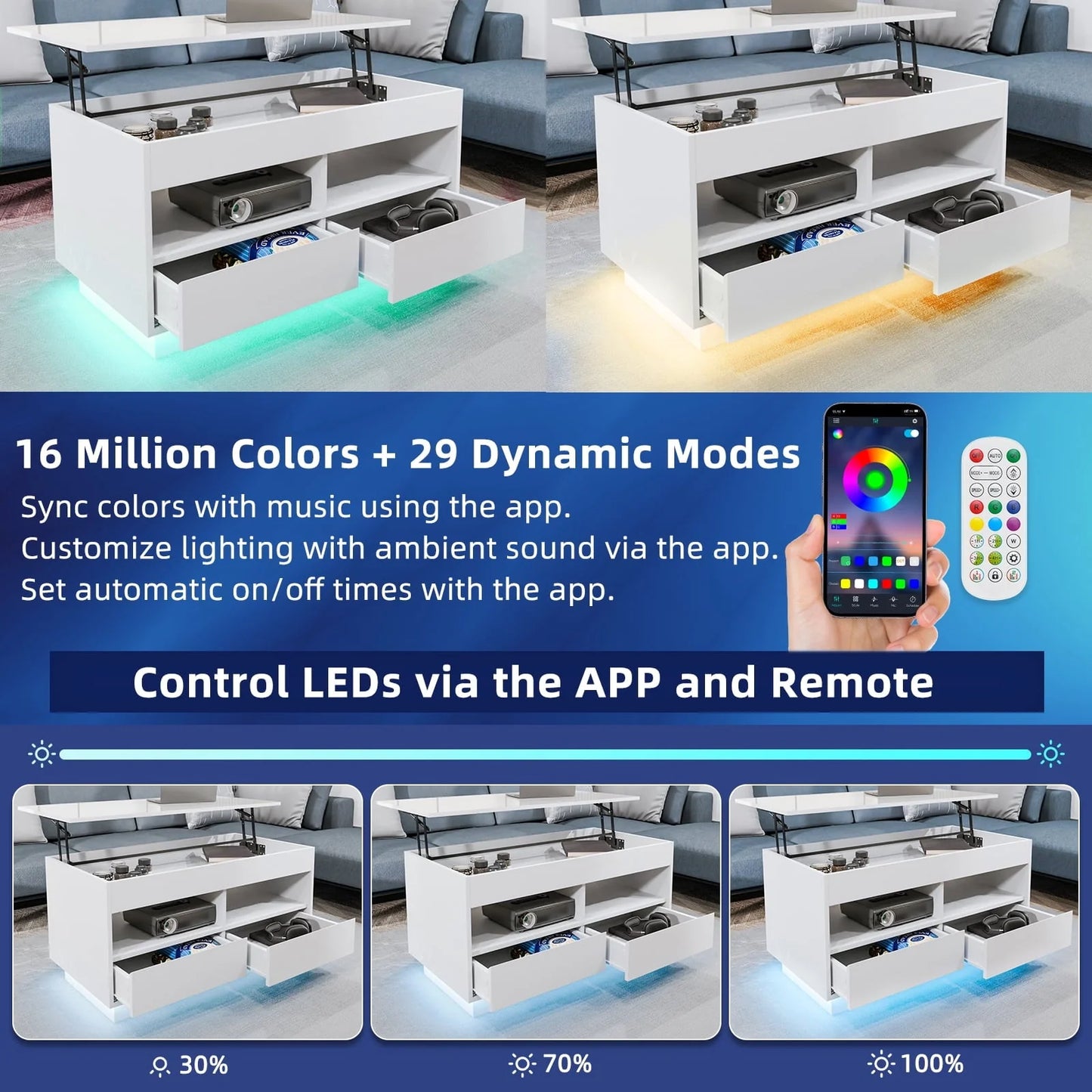 Hommpa Lift Top Coffee Table with 2 Drawers High Gloss Rectangle White Coffee Table with LED Lights and Hidden Storage for Living Room Home Office Center Cocktail Tables 25.19" Height