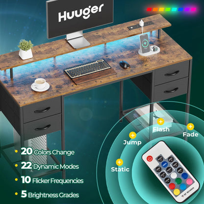 Huuger 55" Computer Desk with LED Lights & Power Outlets, Industrial Home Office Desk with Drawers & Storage Shelves, Corner Writing Desk, Gaming Desk, Rustic Brown
