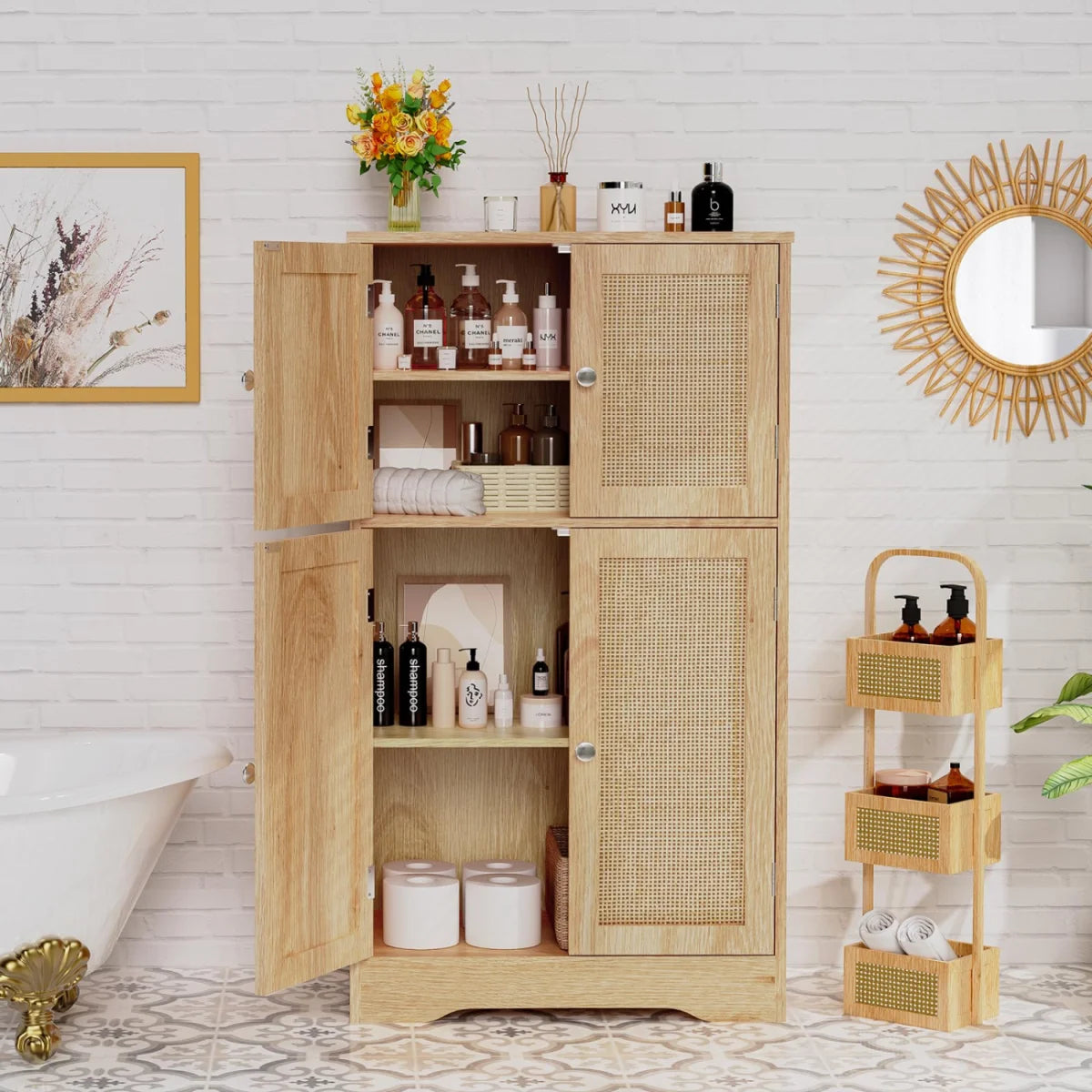 FANGSUM Rattan Cabinet with 4 Doors & Adjustable Shelf, Natural, for Living Room, Home Office