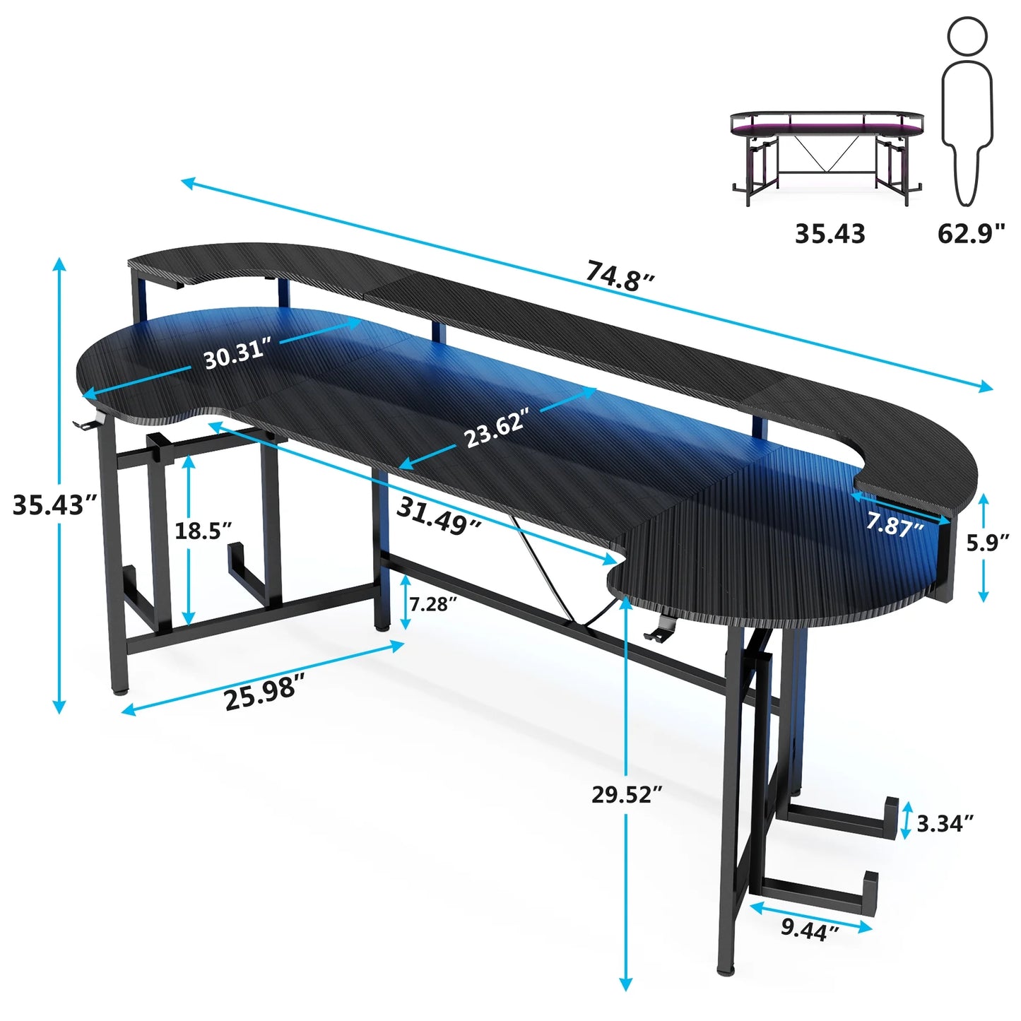 Tribesigns Gaming Desk with Monitor Shelf, 75 inch PC Computer Desk with LED Strip, Carbon Fiber Surface Gaming Table Gamer Workstation for Bedroom, Home Office, Black