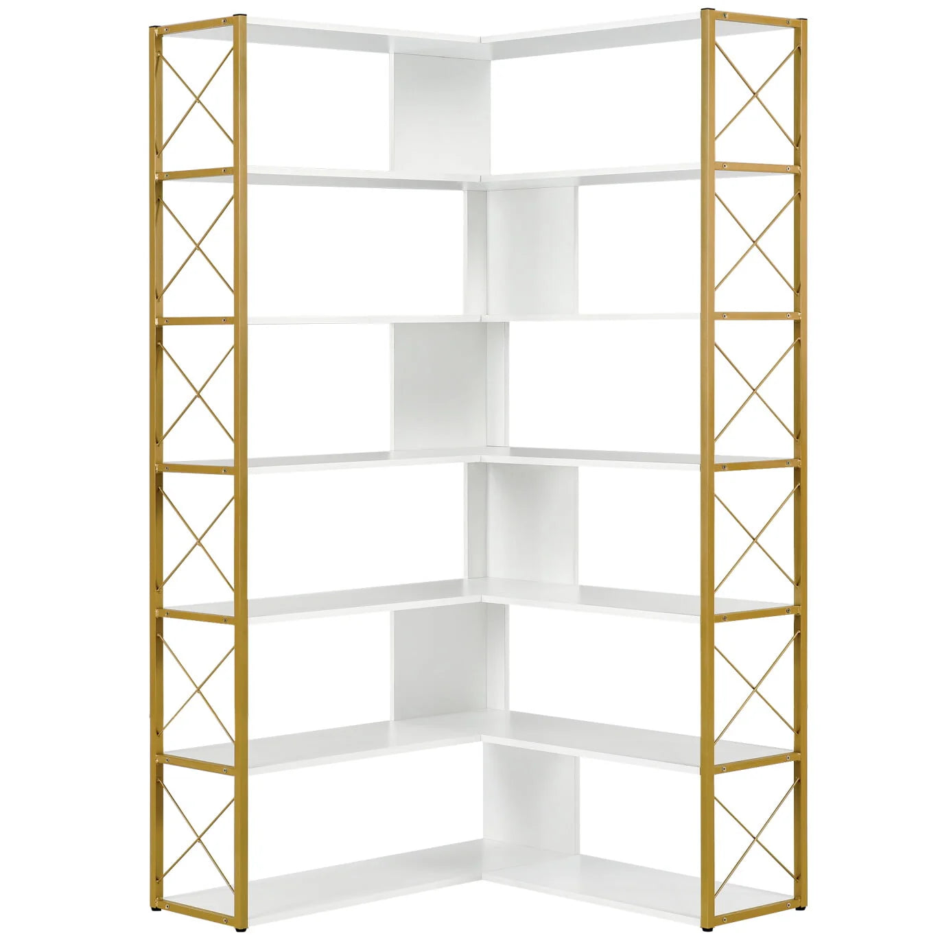 7-Tier Bookcase, L-Shaped Corner Bookcase, Tall Bookshelf with Metal Frame, Industrial Style Shelf with Open Storage, Bookshelf for Home Office Living Room and Bedroom, Gold+White