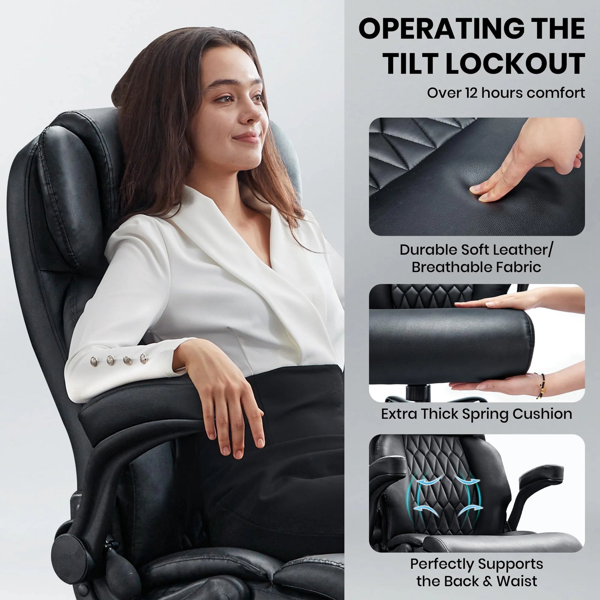 HomeZeer Big and Tall Office Chair 500LBS, High Back Executive PU Leather Chair with Adjustable Lumbar Support, Flip-Up Arms & Wide Seat, Heavy Duty on Rubber Wheels for Home Office, Black