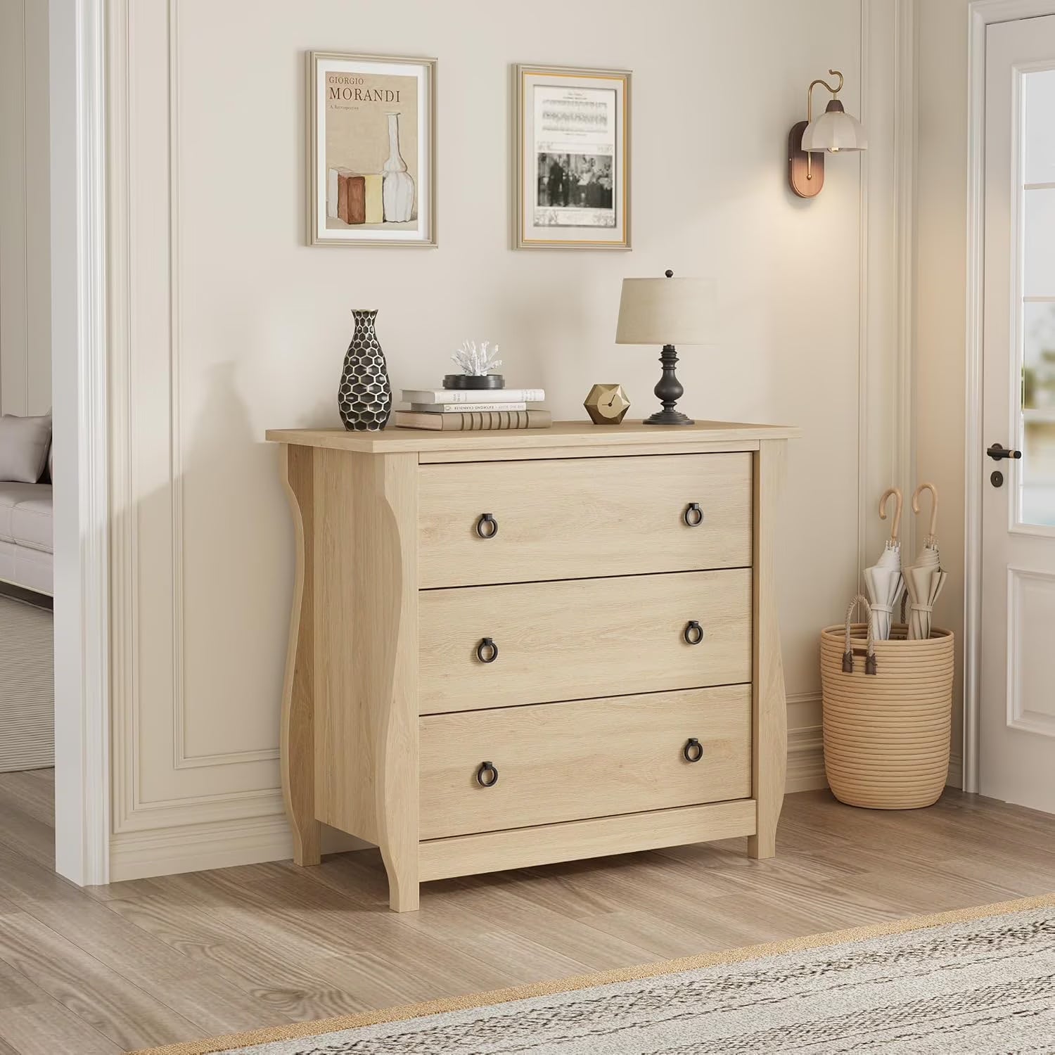 M optimized Wood 3-Drawer Dresser, Boho Dresser with Curved Legs, Rattan Accents, and Freestanding Storage for Living Room, Bedroom, Entryway, or Balcony