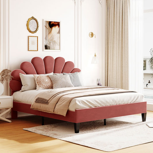CITYLE Queen Size Upholstered Platform Bed with Flower Pattern Velvet Headboard, Queen Bed Frame for Kids and Adults, Bean Paste Red